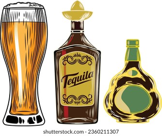 set of beer bottle and mugs. mugs and bottle set vector, beer vector clipart design