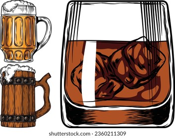 set of beer bottle and mugs. mugs and bottle set vector, beer vector clipart design