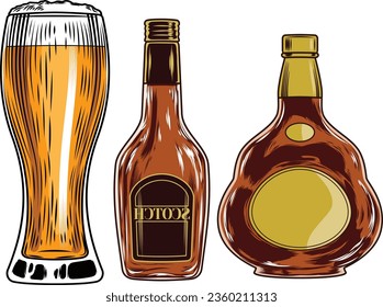 set of beer bottle and mugs. mugs and bottle set vector, beer vector clipart design