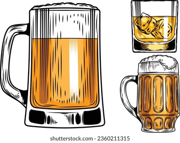 Bierflasche und Becher. Becher und Flaschenset-Vektorgrafik, Bier-Vektorgrafik-Design