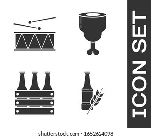 Set Beer bottle, Musical instrument drum and drum sticks, Pack of beer bottles and Chicken leg icon. Vector