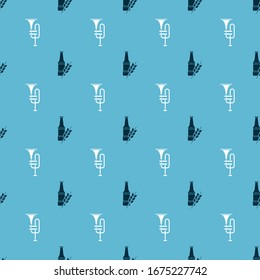 Set Beer bottle and Musical instrument trumpet on seamless pattern. Vector