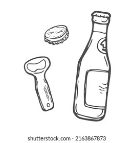 Set with a beer bottle and bottle opener hand-drawn in the style of doodle graphics