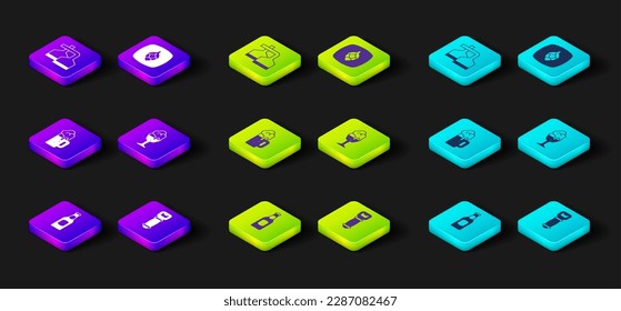 Set Beer bottle, Bottle opener, Wooden beer mug, Glass of, Hop and brewing process icon. Vector