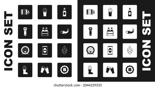 Set Beer Botella, Paquete de botellas de cerveza, Abridor de botellas, Barril de madera, Pescado seco, Vidrio, Cepa e ícono. Vector