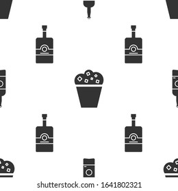 Set Beer bottle , Popcorn in cardboard box  and Whiskey bottle  on seamless pattern. Vector