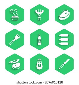 Set Bierflasche, Salz, Brotmesser, Wurst, Steak Fleisch und, Spatula, und hausgemachte Kuchen Symbol. Vektorgrafik