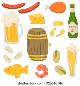 Set of beer bottle and beer snacks made in flat style. Mugs, bottles, sausages, snack, shrimp, cheese, chicken and fish. Vector illustration, isolated on white.