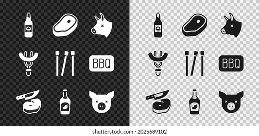 Set Beer bottle, Steak meat, Cow head, and knife, Ketchup, Pig, Sausage on the fork and Matches icon. Vector