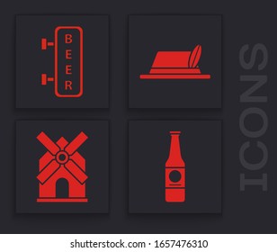 Set Beer bottle, Street signboard with inscription Beer, Oktoberfest hat and Windmill icon. Vector