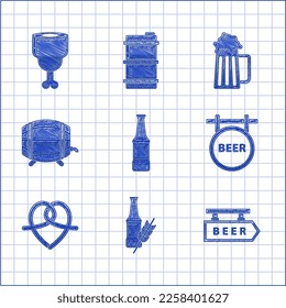 Set Beer bottle, Street signboard with inscription, Pretzel, Wooden barrel rack stopcock, beer mug and Chicken leg icon. Vector