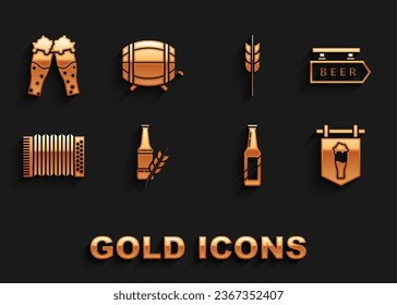 Set Beer bottle, Street signboard with inscription, glass of beer, Musical instrument accordion, Cereals set rice, wheat, corn, oats, rye, barley, Glass and Wooden barrel rack stopcock icon. Vector