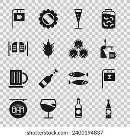 Set Beer bottle, Street signboard with Bar, tap glass, Glass of champagne, Hop, Saloon door,  and Wooden barrels icon. Vector