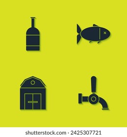 Set Beer bottle, tap, Farm House and Fish icon. Vector
