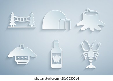 Set Beer bottle, Tree stump, Christmas sweater, Lobster, Igloo ice house and Capilano Suspension Bridge icon. Vector