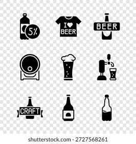 Set botella de cerveza, camiseta, cerveza de plástico, barril de madera en el estante y vidrio de icono. Vector