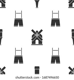 Set Beer bottle, Windmill and Lederhosen on seamless pattern. Vector
