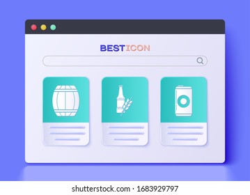 Set Beer bottle, Wooden barrel and Beer can icon. Vector