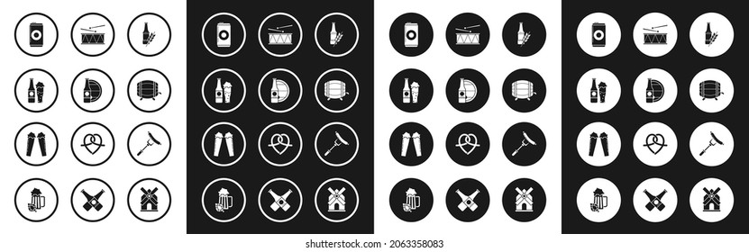 Set Beer bottle, and wooden barrel, glass, can, Wooden on rack with stopcock, Musical instrument drum drum sticks, Sausage the fork and Glass of beer icon. Vector