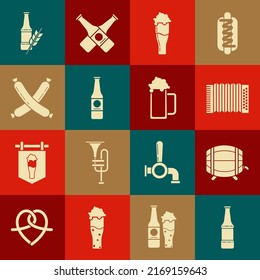 Set Beer bottle, Wooden barrel on rack with stopcock, Musical instrument accordion, Glass of beer, Crossed sausage,  and  icon. Vector