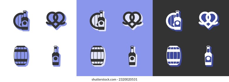 Set Beer bottle, and wooden barrel, Wooden and Pretzel icon. Vector