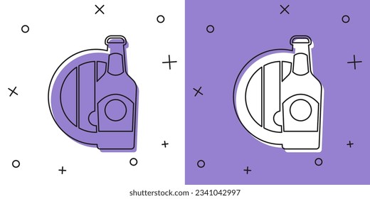 Set Beer bottle and wooden barrel icon isolated on white and purple background.  Vector