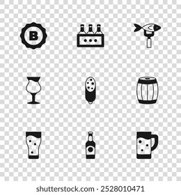 Set Beer bottle, Wooden barrel, Glass of beer, Salami sausage, Dried fish, Bottle cap, Pack bottles and  icon. Vector
