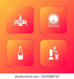 Set Beer bottle, Wooden barrel on rack, Plastic beer and tap with glass icon. Vector