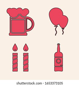 Set Beer bottle , Wooden beer mug , Balloons with ribbon  and Birthday cake candles  icon. Vector