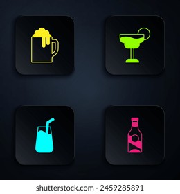 Set Beer bottle, Wooden beer mug, Cocktail and . Black square button. Vector