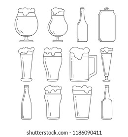 Set of beer bottles, can and glasses, mug with foam icons. Vector isolated illustration.