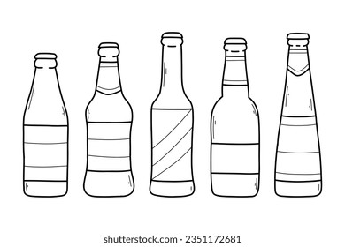 Set of beer bottles in doodle style. Linear collection of bottles. Vector illustration.