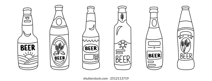 Set of beer bottles in doodle style on white background. Oktoberfest concept. Beer festival concept. Drinks concept.