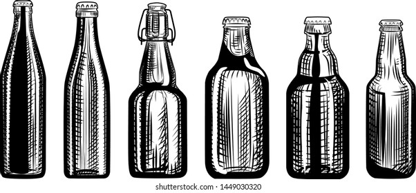 Set of beer bottles. Engraving style. Hand drawn vector illustration isolated on white background.