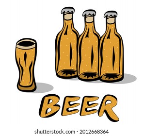 Set of the beer bottles and glass vector illustration, hand drawn doodle style.