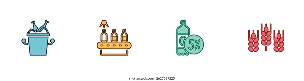 Set Beer bottles in ice bucket, Conveyor band, beer,  and Wheat icon. Vector