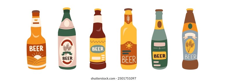 Set of beer bottles isolated on white background. Oktoberfest concept. Beer festival concept. Drinks concept.