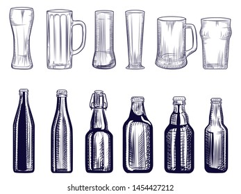 Set of beer bottles and mug. Different Beer glasses. Engraving style. Alcoholic beverage design. Hand drawn vector illustration isolated on white background