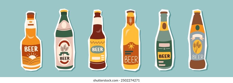 Set of beer bottles stickers isolated on blue background. Oktoberfest concept. Beer festival concept. Drinks concept.