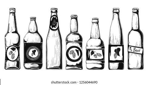 Set of beer bottles. Vector illustration. Sketch