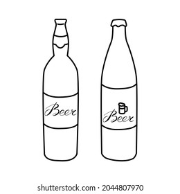 Set of beer bottles. Vector outline hand drawn illustration in doodle style. For invitation, beer bar menu, poster, flyer