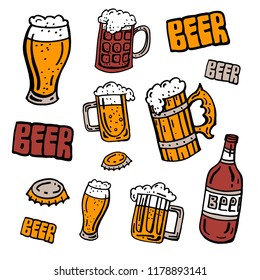 Set of beer and brewery doodles. Hand drawn sketch style. Isolated vector illustration in color.