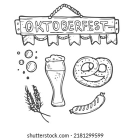 Set of beer and brewery doodles. Hand drawn sketch style. Isolated vector illustration.