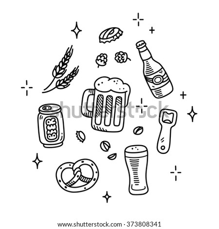 Set of beer and brewery doodles. Hand drawn sketch style. Isolated vector illustration.