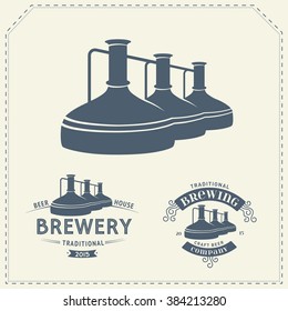 Set with beer brewery elements, icons, logos, design elements. Brewing process, production beer, brewery factory production elements, traditional beer crafting. Vector