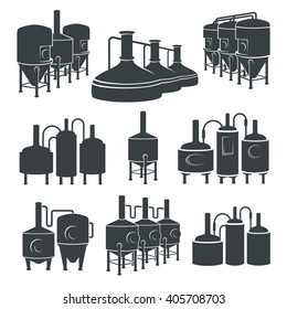 Set with beer brewery elements, icons, logos, design elements. Brewing process, production beer, brewery factory production elements, traditional beer crafting. Vector