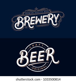 Set of Beer and Brewery hand written lettering logos, labels, badges for beer house, brewing company, pub, bar. Vintage retro typography. Vector illustration.