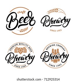 Set of Beer and Brewery hand written lettering logo, label, badge, emblem for pub, bar, brewing company. Vintage retro style. Isolated on white background. Vector illustration.