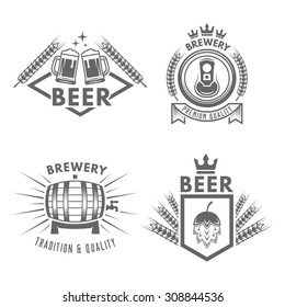 Set of beer and brewery isolated vector monochrome labels, badges and emblems on white background