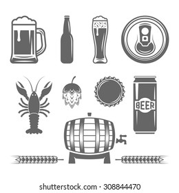 Set of beer and brewery monochrome design elements isolated on white background